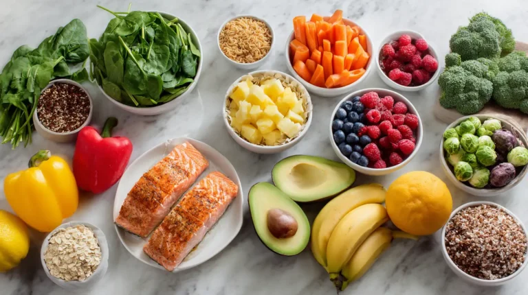 Low-sodium-diet-approved foods, including fresh vegetables, fruits, lean proteins, and whole grains, on white marble countertop