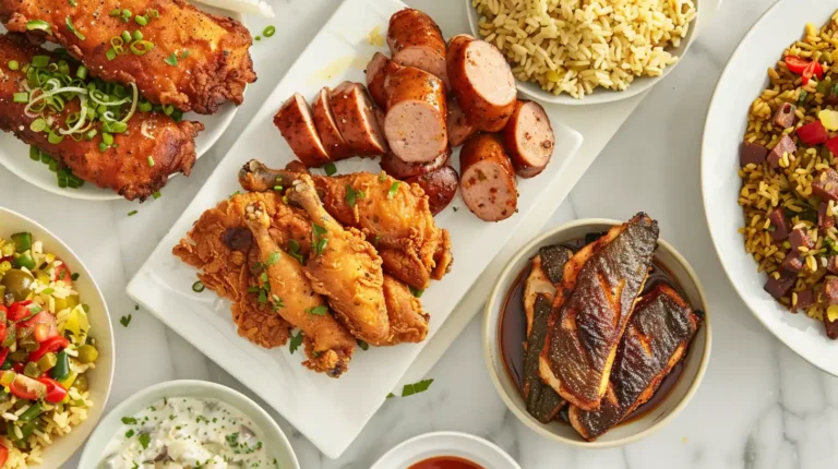 Southern dinner spread with dirty rice, fried chicken, andouille sausage, and blackened fish