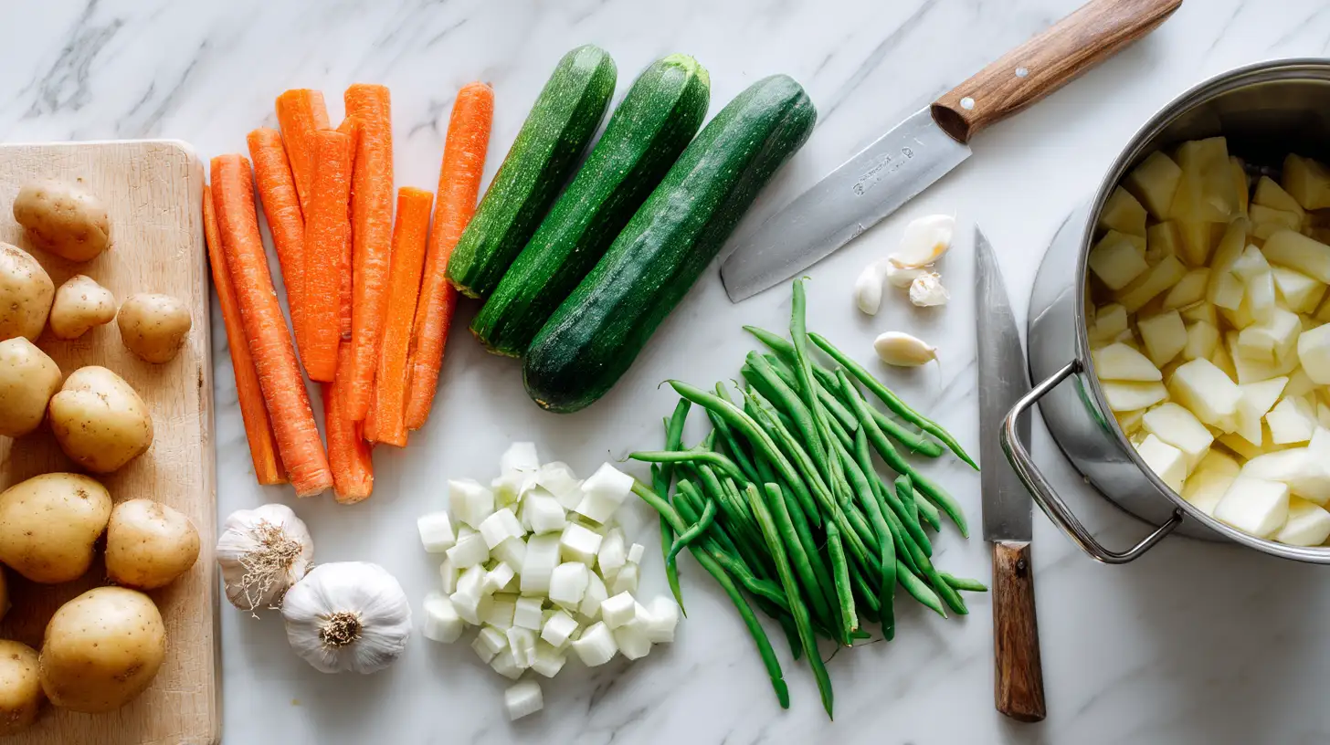 Fresh vegetables good for soup including carrots, potatoes, celery, and onions, overhead view