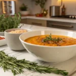 Hearty Sweet Potato and Lentil Soup on marble counter