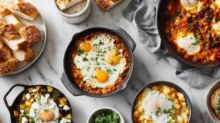 Egg recipes for dinner served family-style on a white marble kitchen countertop in a modern kitchen