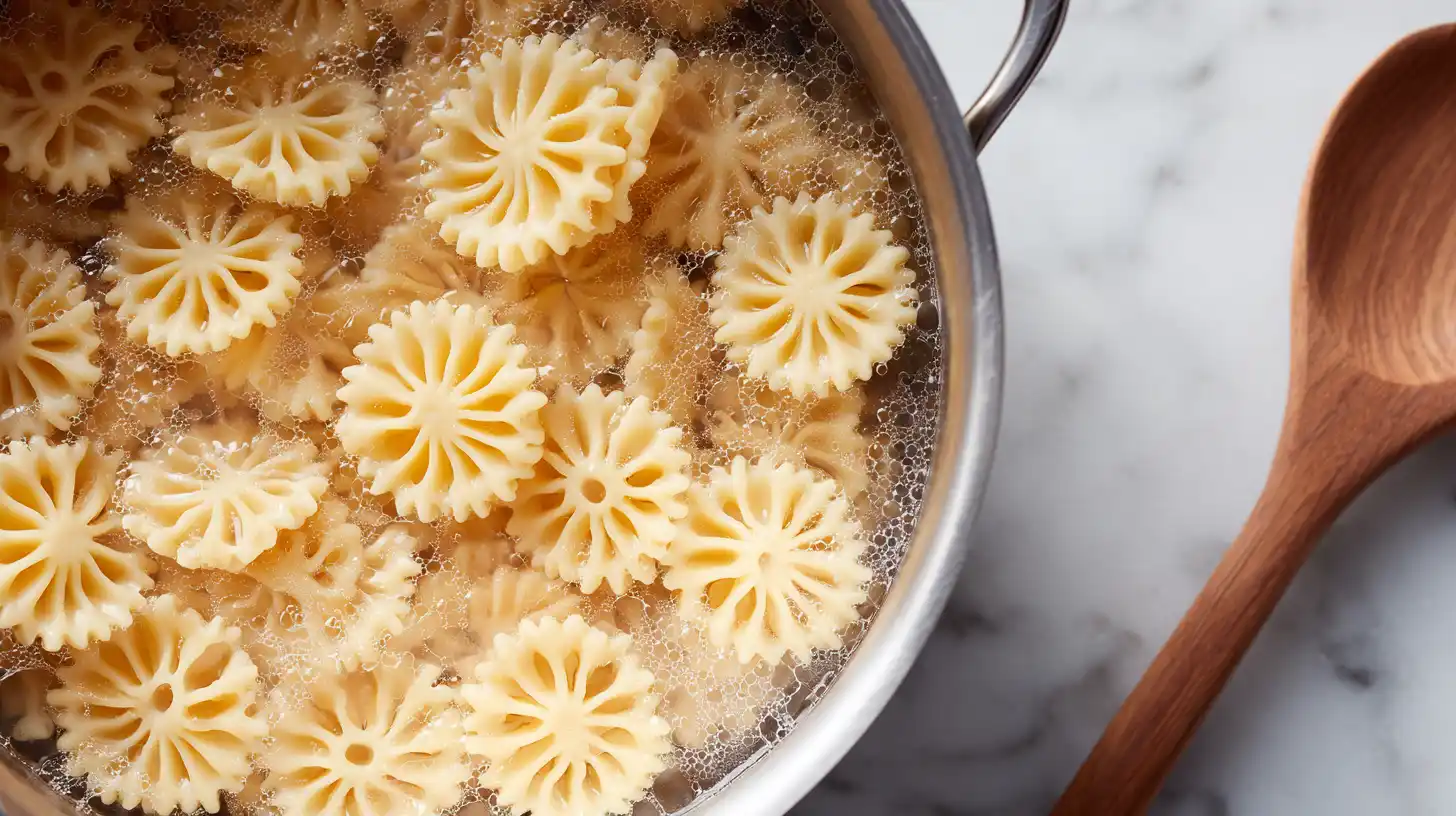 Rotelle pasta cooking in boiling water, overhead view