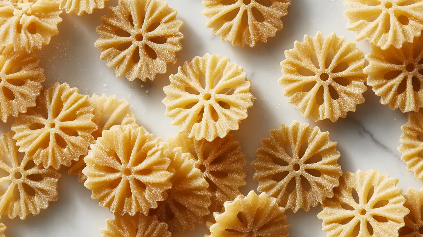 Dry rotelle wagon wheel pasta showing distinctive shape overhead view