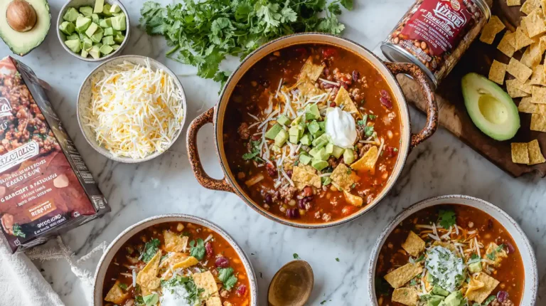 5-ingredient taco soup with toppings and simple pantry ingredients displayed