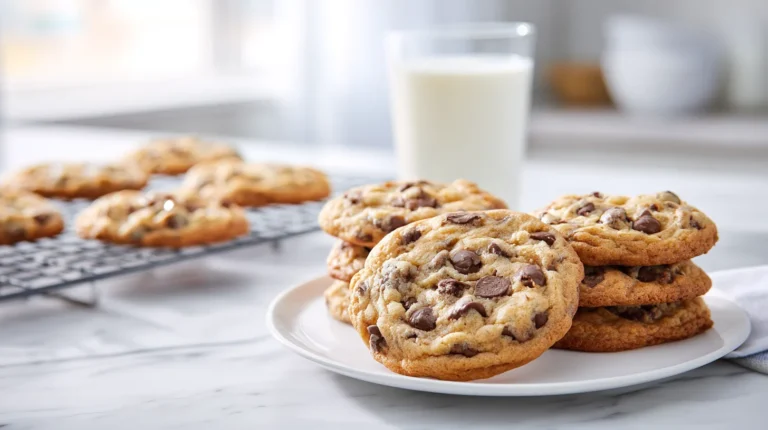 Golden Nestlé chocolate chip cookies with crispy edges on white marble counter