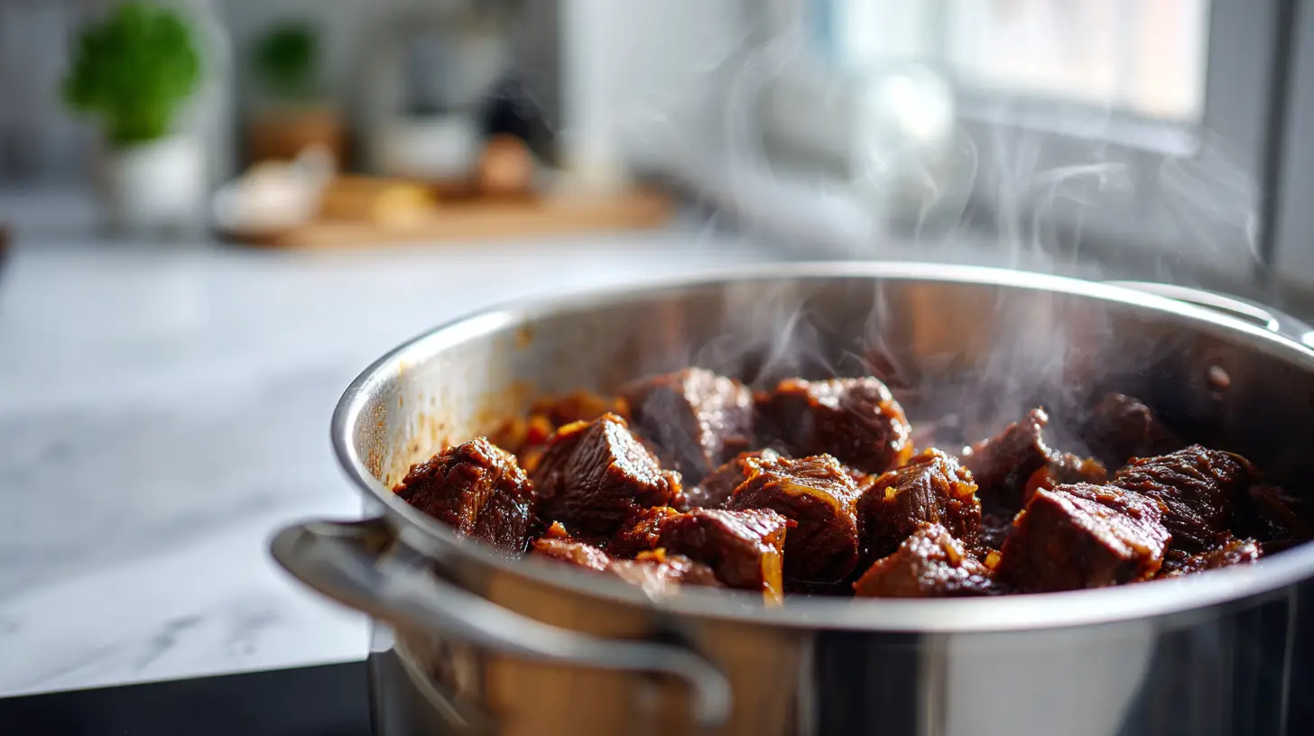 Browning beef for Hawaiian beef stew in heavy pot with tomato paste