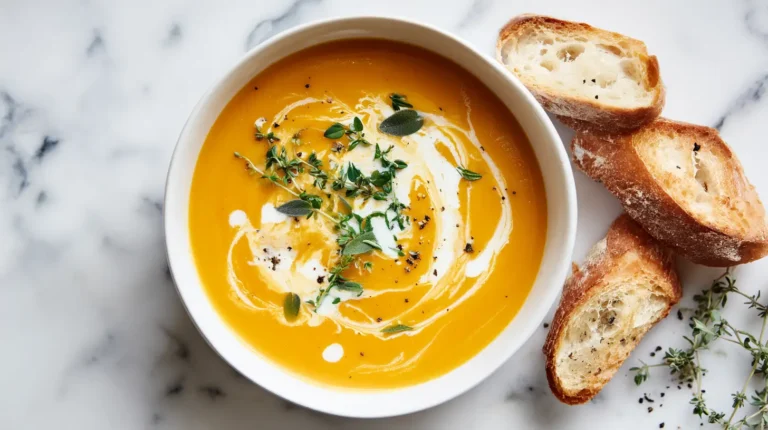 Most popular squash recipes—butternut squash soup in white bowl, overhead view