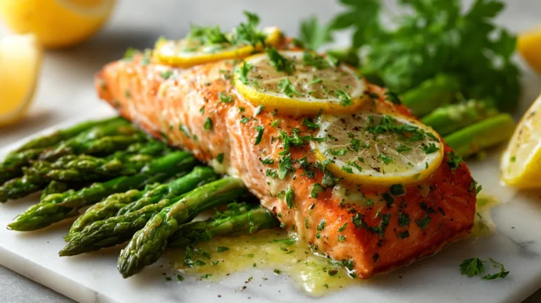 Garlic Butter Baked Salmon with Asparagus on white marble countertop with fresh lemon and herbs