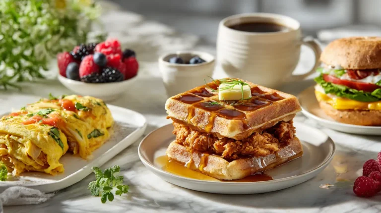 Chicken breakfast recipes, including waffles, omelet, and sandwiches, on white marble counter