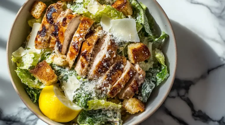 Chicken Caesar salad recipe with grilled chicken, crispy romaine, homemade Caesar dressing, and parmesan cheese on white marble