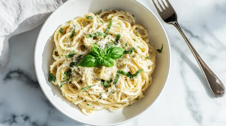 Finished boursin pasta recipe in bowl with creamy sauce and herbs, overhead view