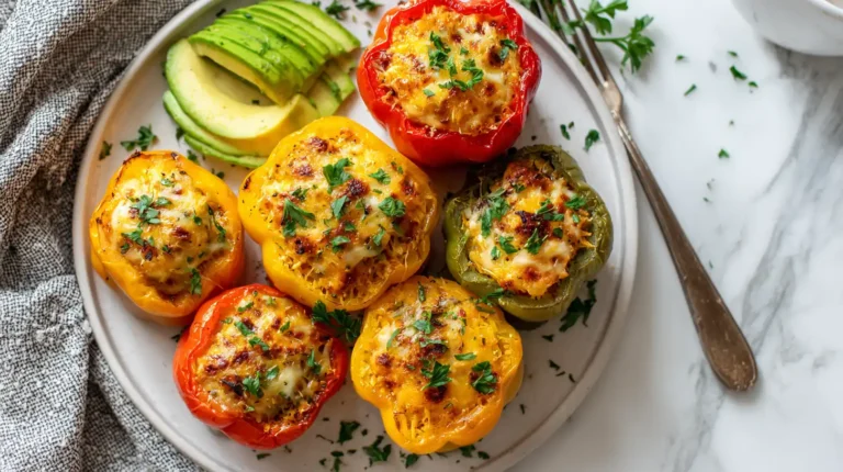 Finished vegan stuffed bell peppers with garnish on a plate, overhead view