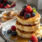 Stack of fluffy cottage cheese pancakes topped with berries and honey.