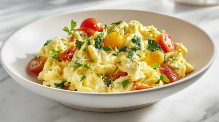 Healthy scrambled egg whites with colorful vegetables in white bowl on wooden table