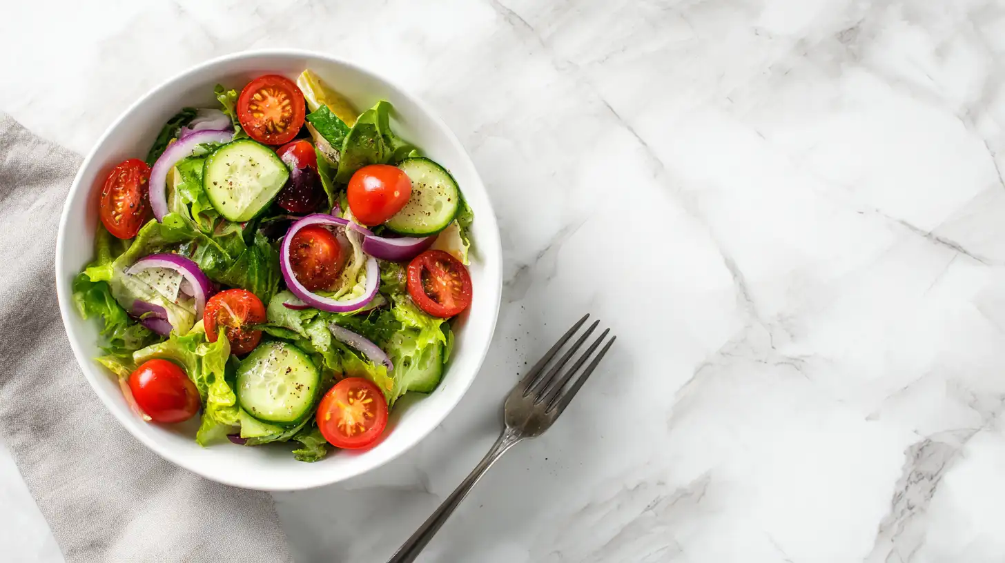 Fresh green salad side dish for stuffed peppers, overhead view