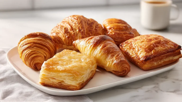 Assorted golden puff pastry breakfast items including croissants, danishes, and savory pockets on rustic board