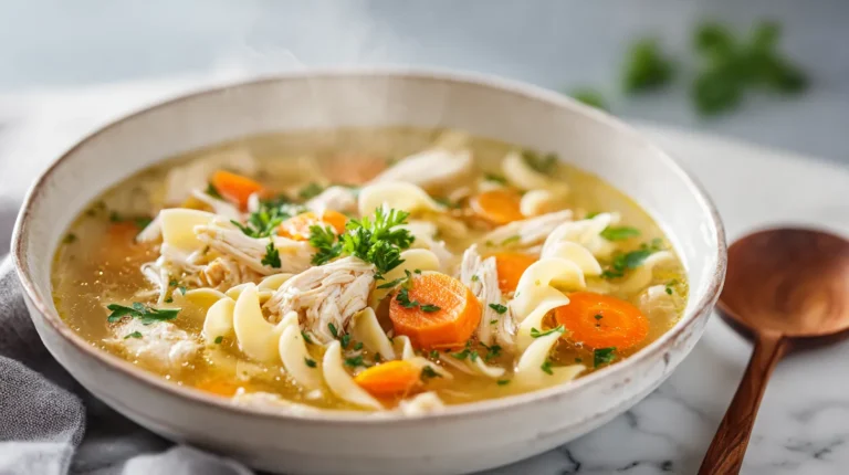 Classic chicken soup with noodles, carrots, celery in rustic white bowl with steam rising on marble counter