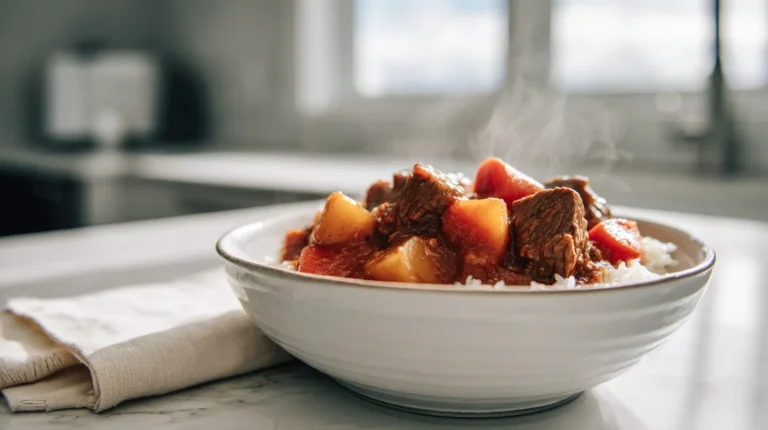 Hawaiian beef stew with tender beef chunks and vegetables in rich tomato broth served over white rice