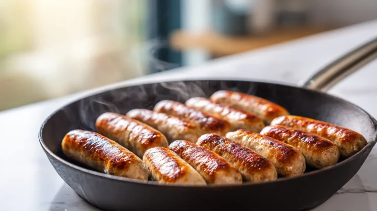 Golden brown homemade breakfast sausage patties cooking in cast iron skillet