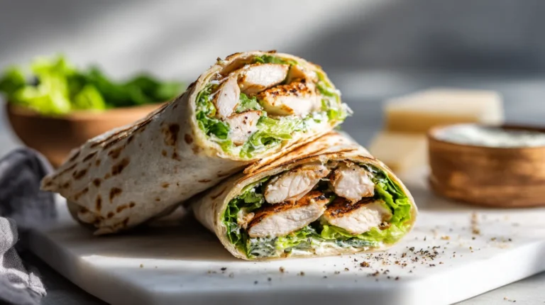 Grilled chicken Caesar wrap cut diagonally showing chicken, romaine, and Caesar dressing on marble counter
