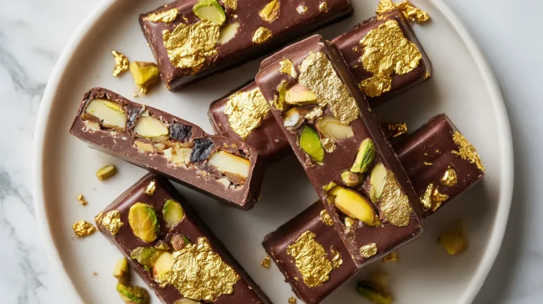 Cut Dubai chocolate bar showing date and pistachio filling overhead view