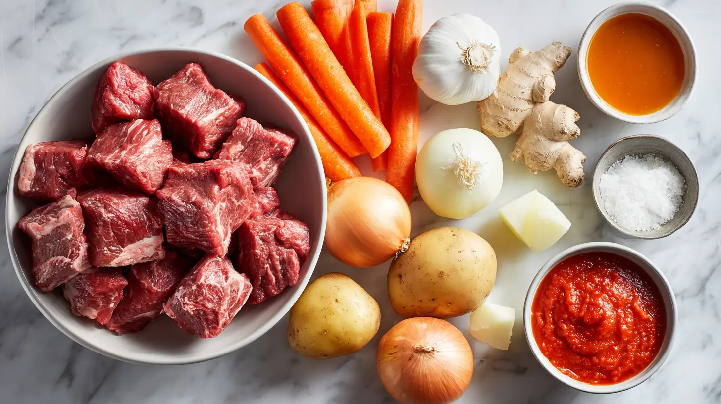 Ingredients for Hawaiian beef stew on white marble countertop in modern kitchen