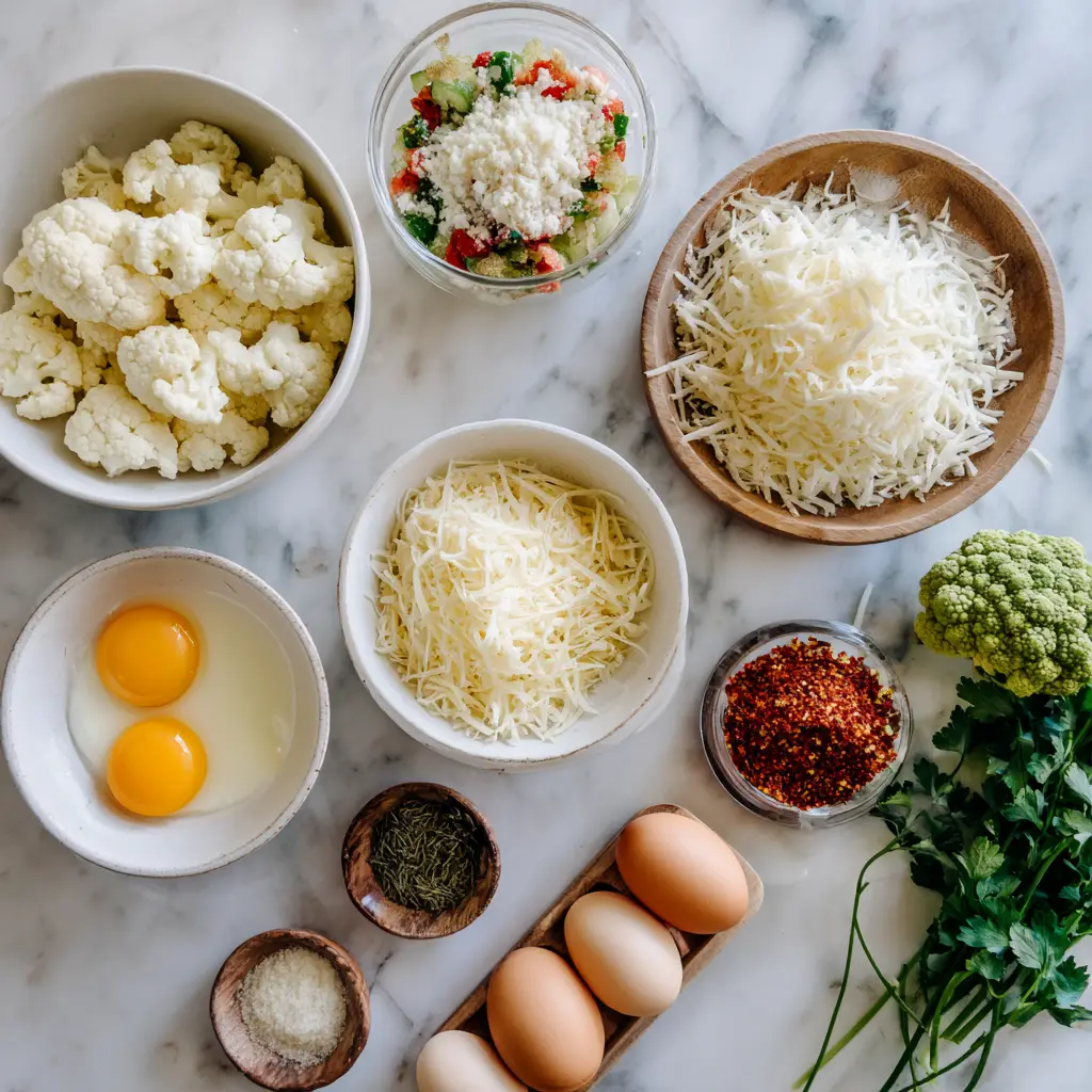 Ingredients for cauliflower breakfast pizza including riced cauliflower, eggs, cheese, and vegetables