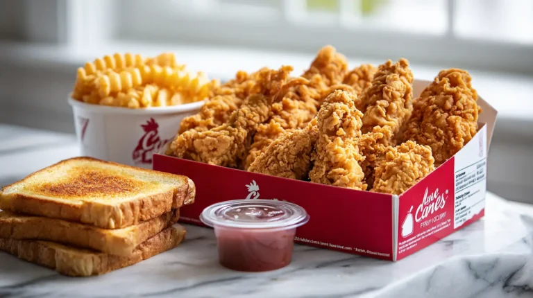 Raising Cane's chicken fingers box combo with fries, Texas toast and sauce showing portion sizes=
