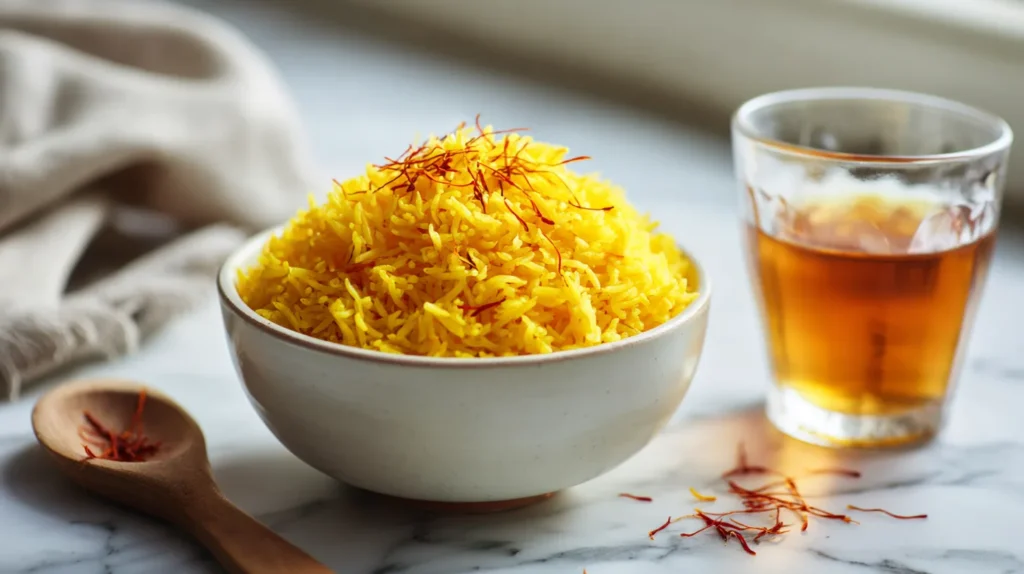 Golden saffron rice in white bowl with visible saffron threads and steeped saffron water on white marble counter