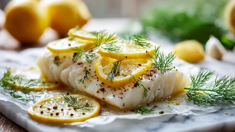 Baked cod with lemon and dill on white marble countertop garnished with fresh herbs