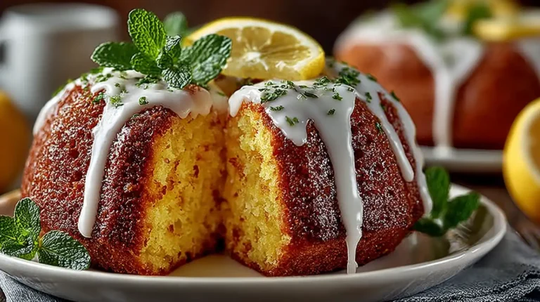 Moist lemon pound cake slice with glaze on white plate on marble counter