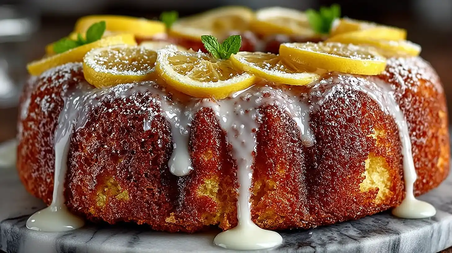 Whole lemon pound cake with lemon glaze drizzle on marble counter