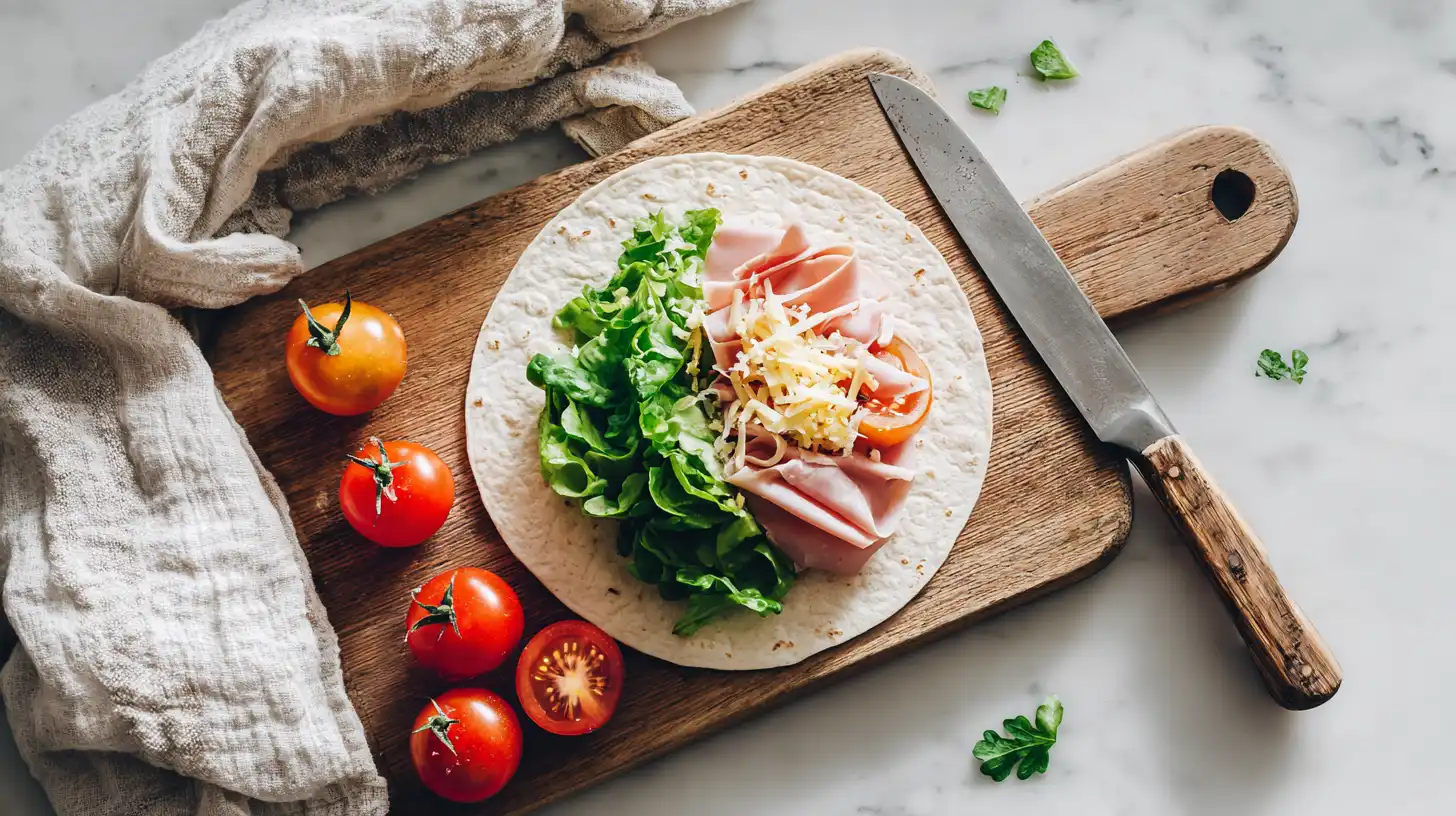 Turkey lunch meat recipes wrap assembly showing layered ingredients overhead view