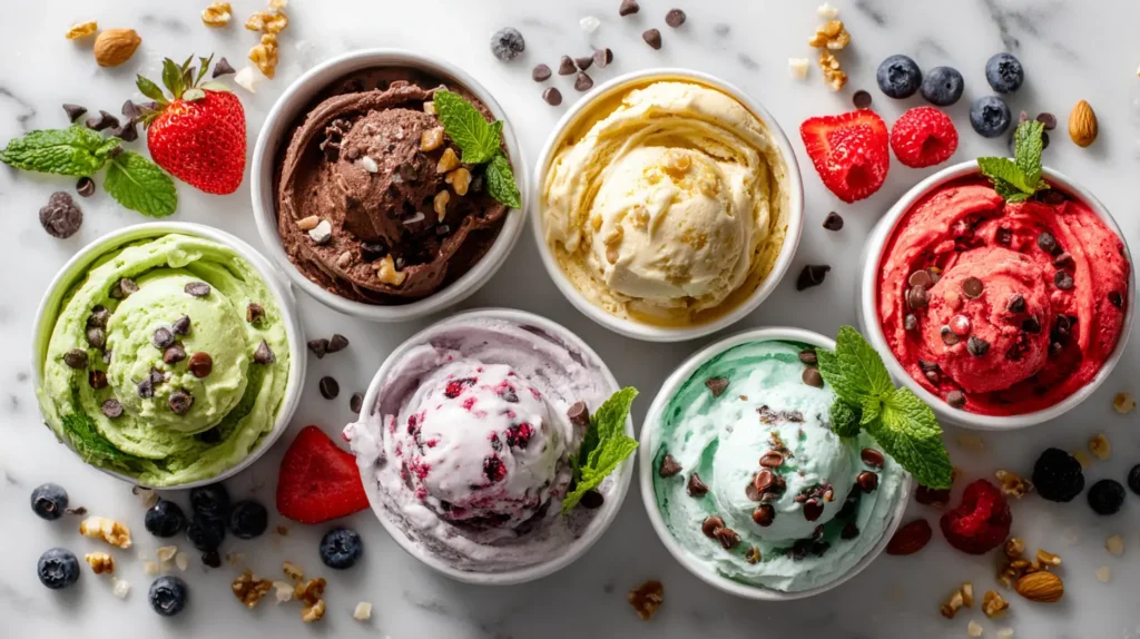 Multiple flavors of Ninja Creami protein ice cream with colorful toppings