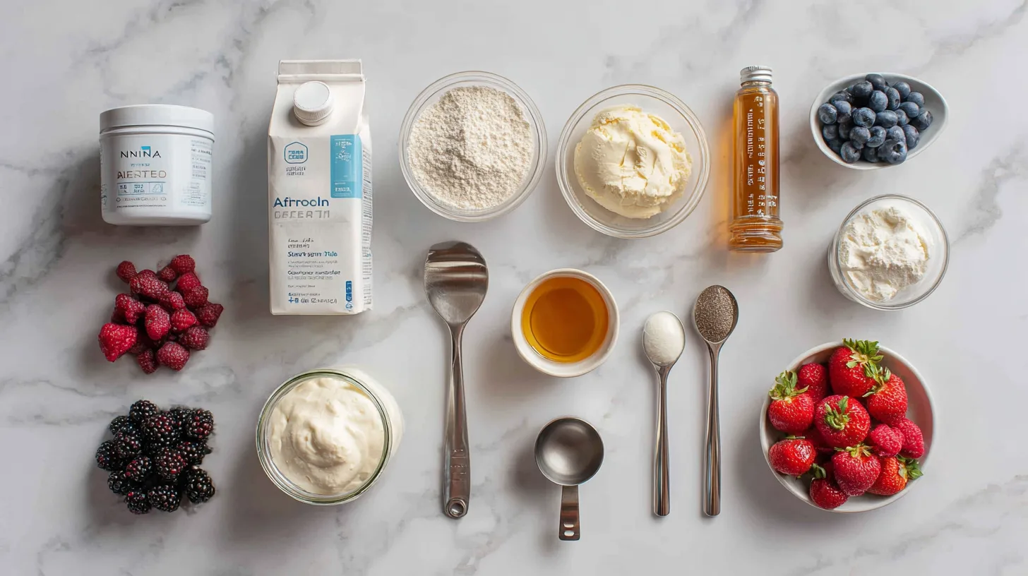 Healthy ingredients for making Ninja Creami protein ice cream on marble counter