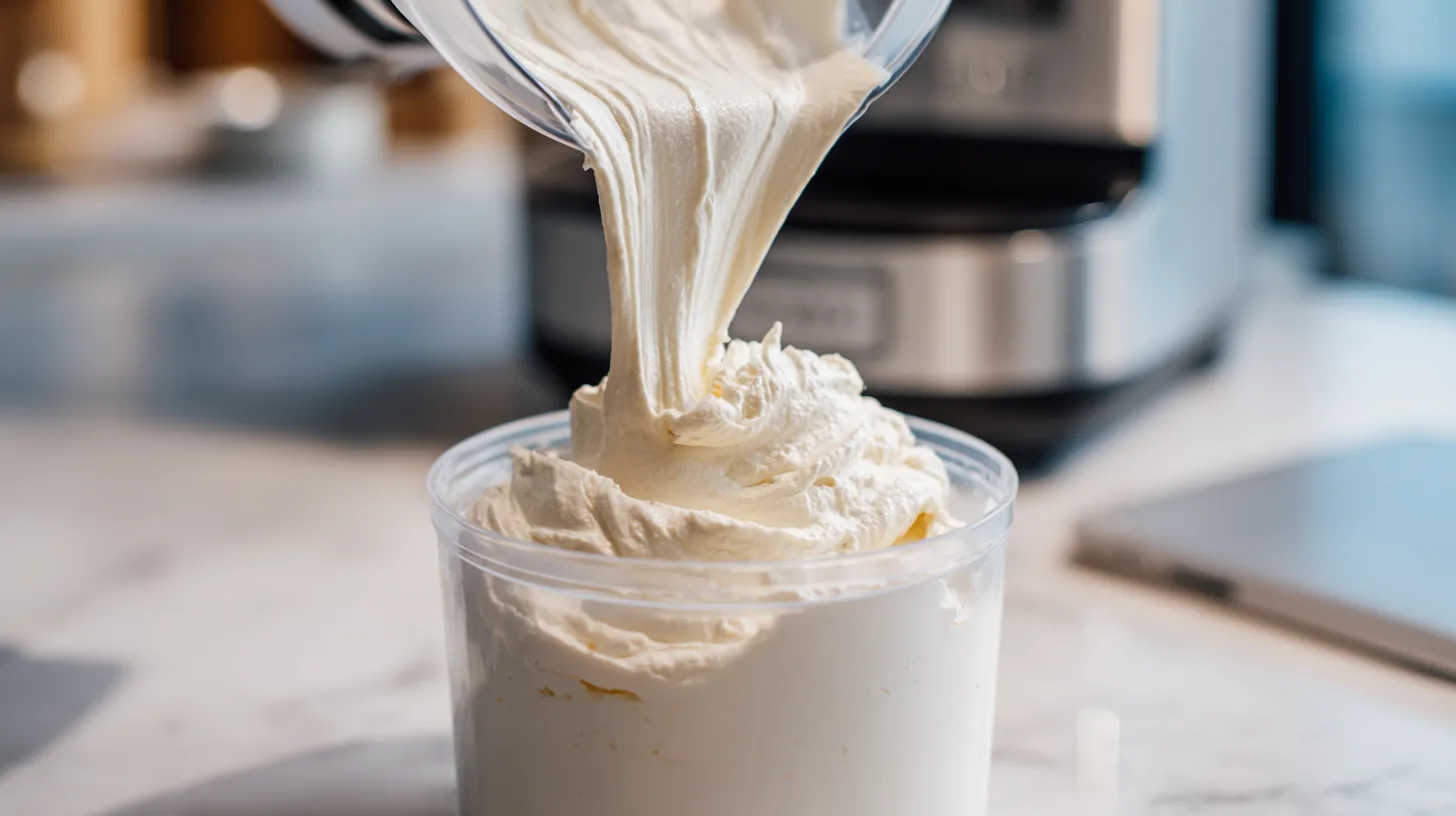 Protein ice cream mixture being prepared in Ninja Creami container