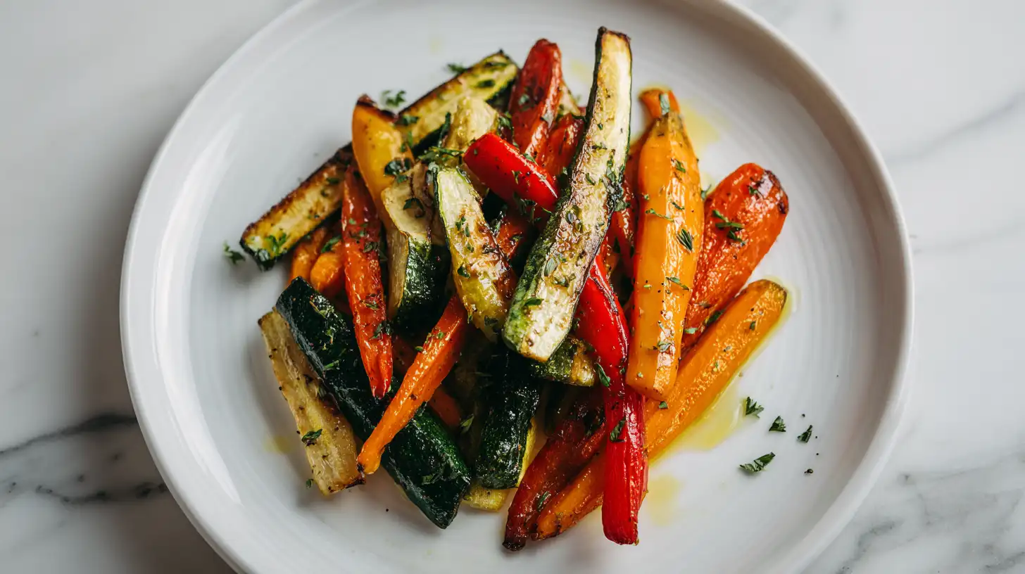 Roasted vegetables side dish for stuffed peppers overhead view
