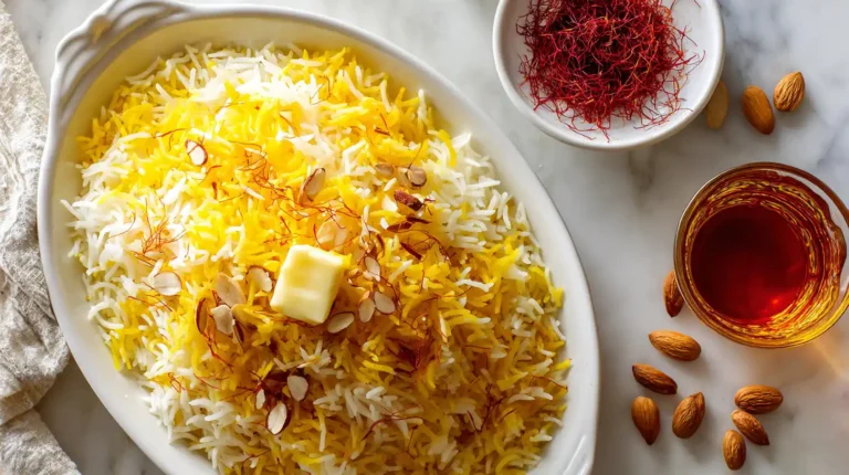 Authentic Persian saffron rice with golden basmati, bloomed saffron water, and natural amber streaks