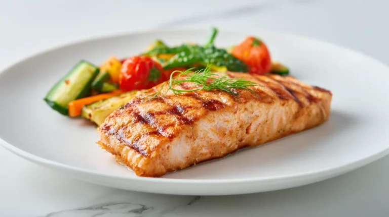 Salmon dinner recipes featuring grilled fillet with roasted vegetables on white plate
