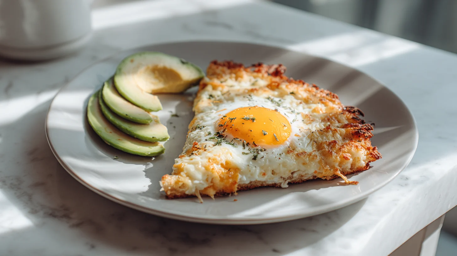 Slice of cauliflower breakfast pizza served for brunch with eggs and avocado