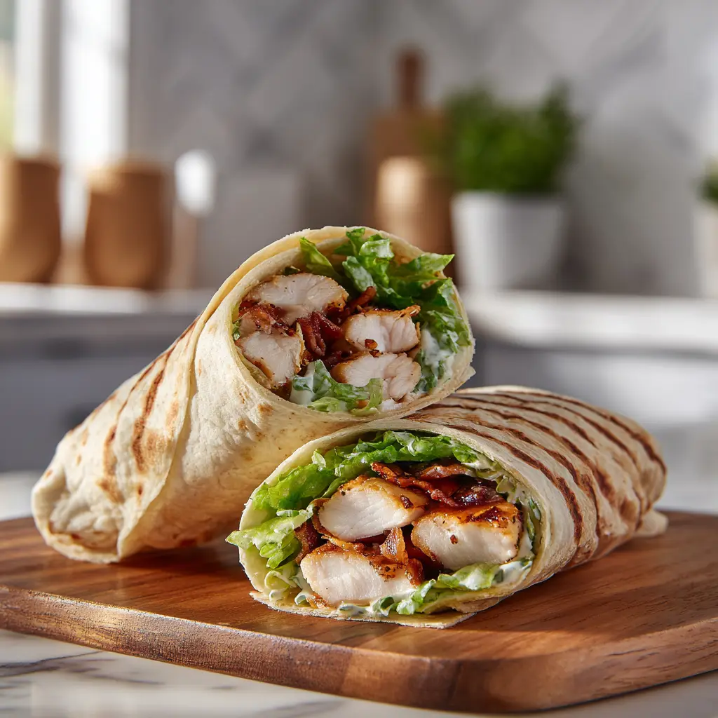 Step 4 — Roll Tight & Slice Grilled Chicken Caesar Wrap Step 4 — wrap rolled tight and sliced diagonally on white marble