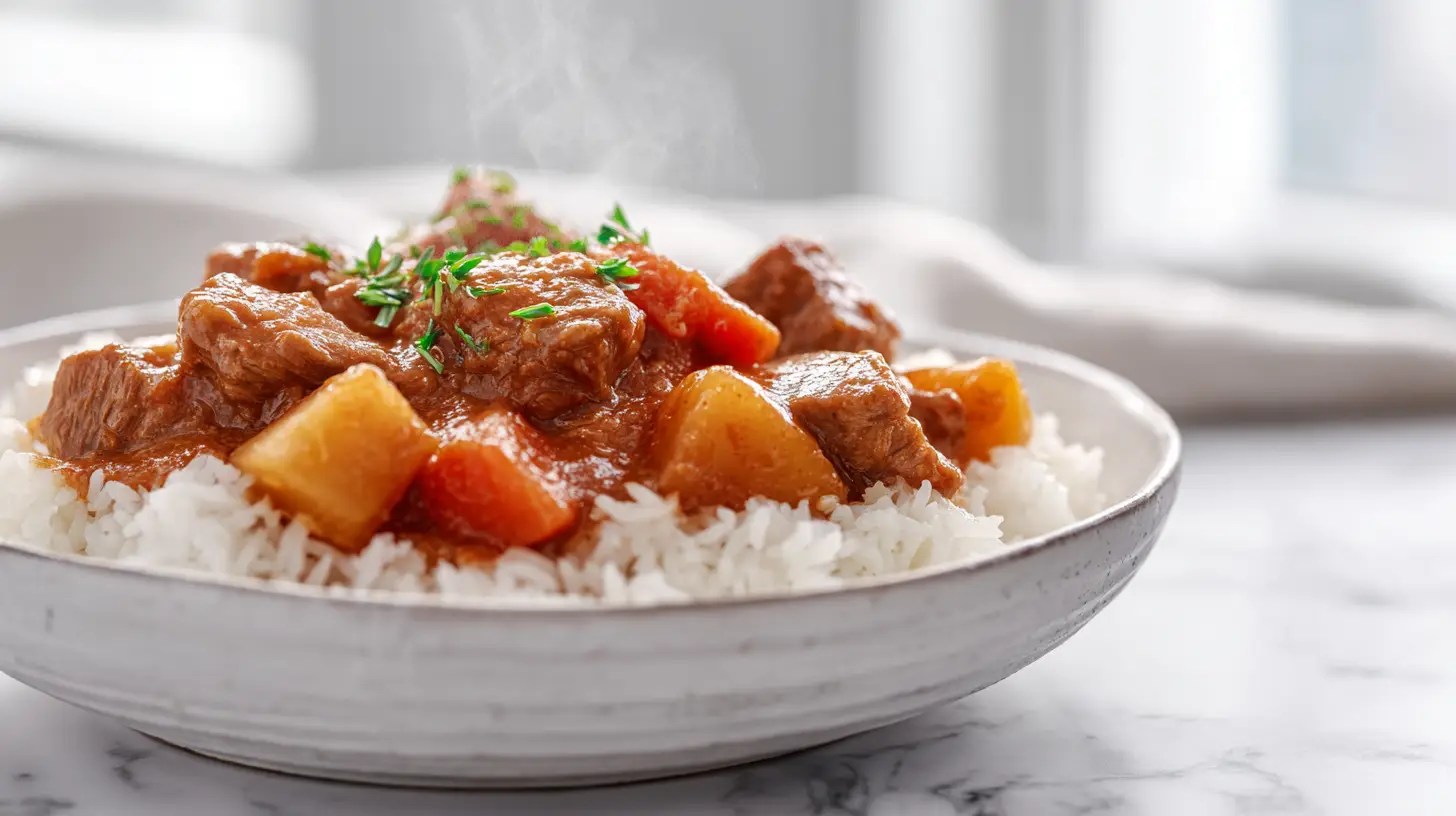 Hawaiian beef stew served over white rice with tomato-based gravy in modern kitchen