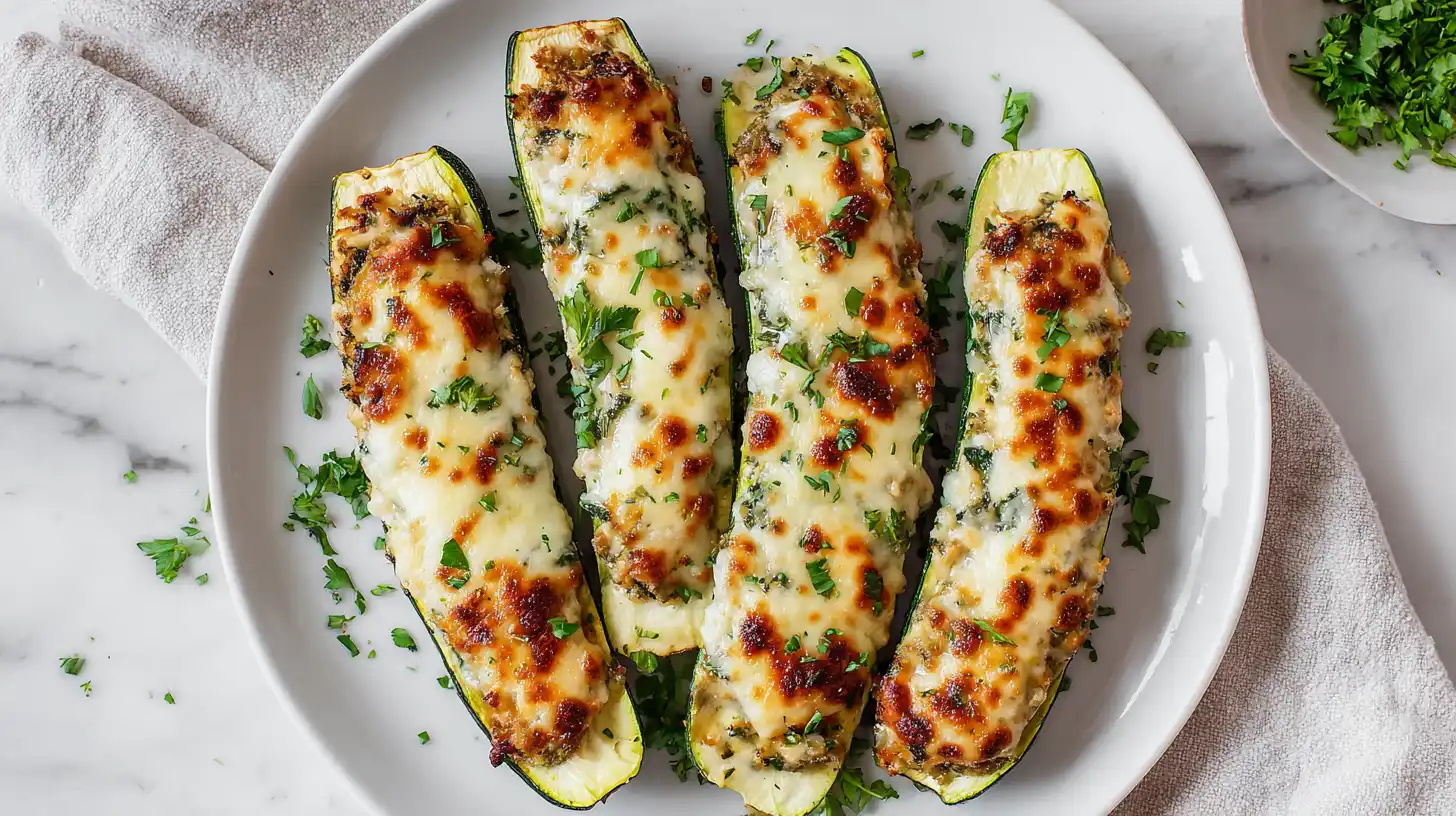 Most popular squash recipes—stuffed zucchini boats with cheese overhead view