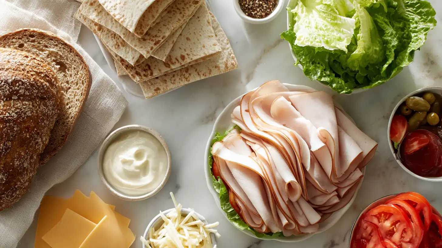 Turkey lunch meat recipes ingredients including deli turkey, bread, vegetables, and cheese, overhead view