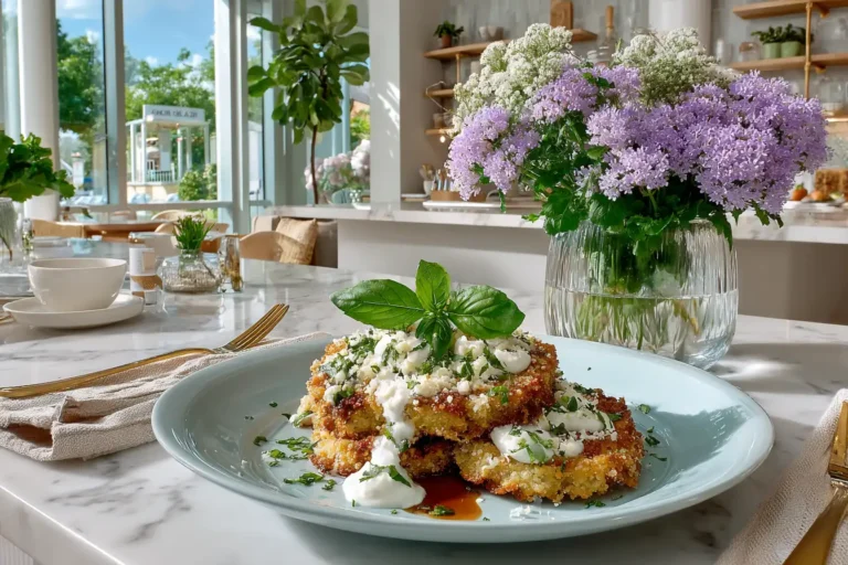 Vegan Eggplant Parmesan served with melted vegan cheese and fresh basil on white marble counter