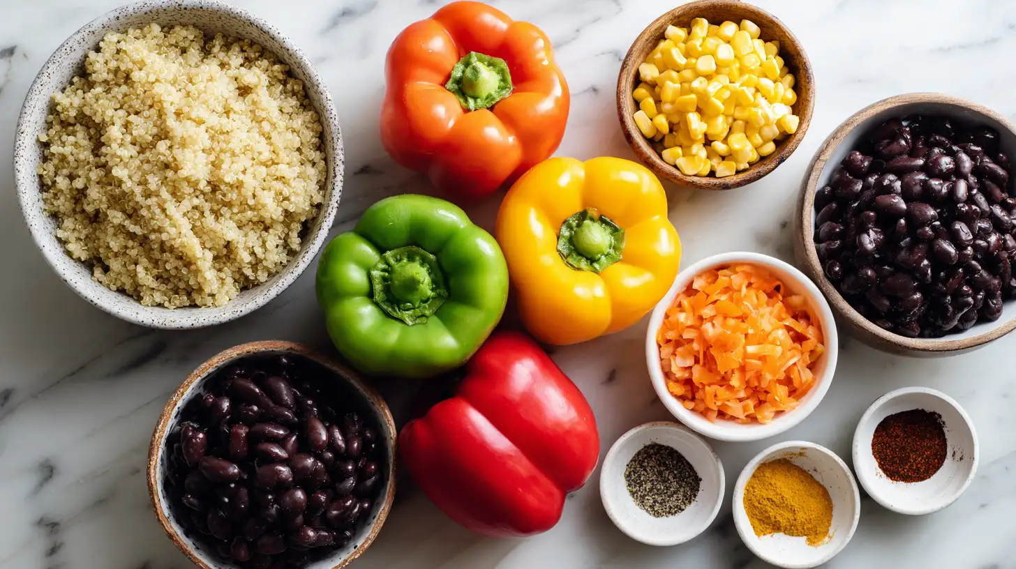 Vegan stuffed bell peppers ingredients including quinoa, beans, and vegetables, overhead view