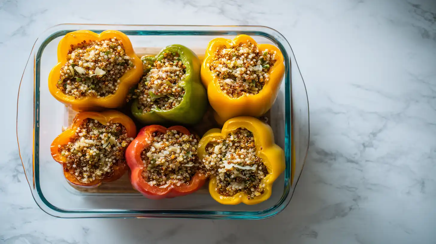 Raw vegan stuffed bell peppers in baking dish ready to cook, overhead view