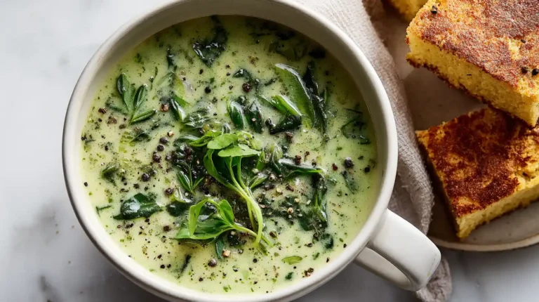 Turnip green soup recipe served in a bowl on white marble