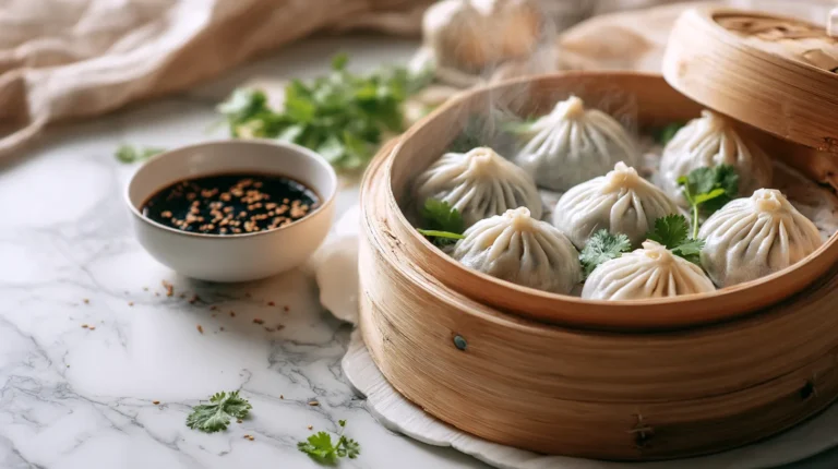 Vegetarian soup dumplings in bamboo steamer on white marble
