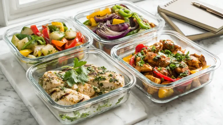 Weight Watchers chicken recipes meal prep containers with grilled chicken, fajitas, and salsa chicken on white marble